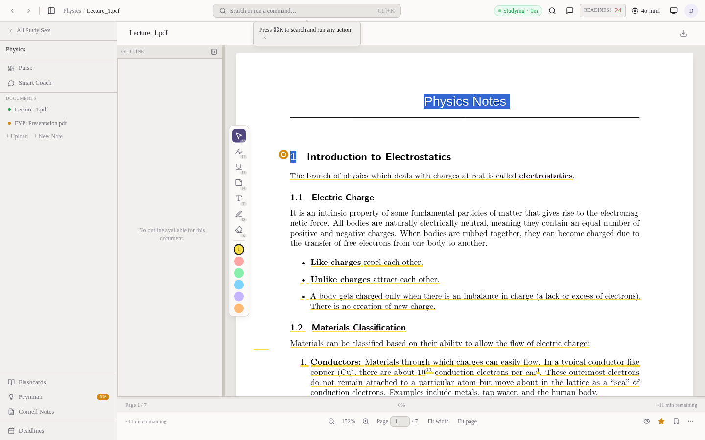 A lecture PDF open in the Synapse reader with highlights and annotation tools