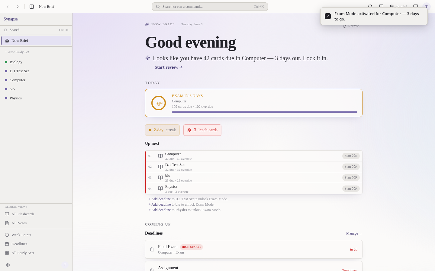 The Now Brief dashboard showing cards due today and a readiness score